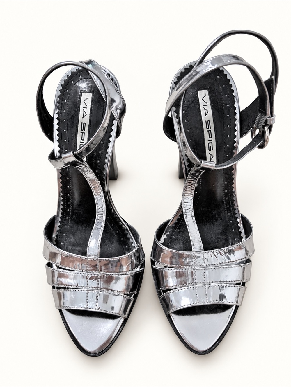 Via Spiga Metallic Silver T-Strap Platform Heels Size 7.5